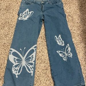 Blue Butterfly Embellished Wide Leg Jeans